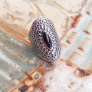 Silver Tone Statement Ring With Black Accent
